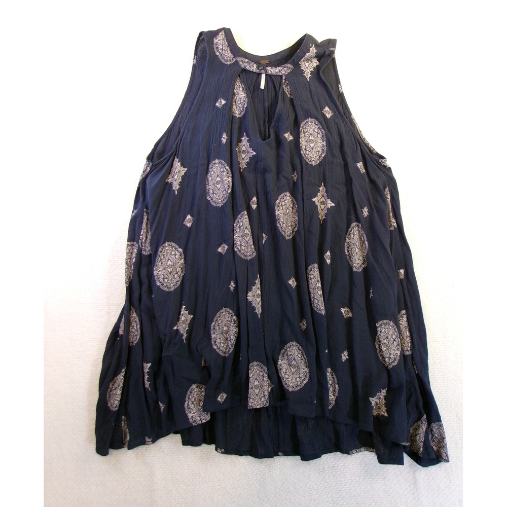 Free People Navy Blue Medallion Print Sleeveless Tunic Top XS Boho Pockets